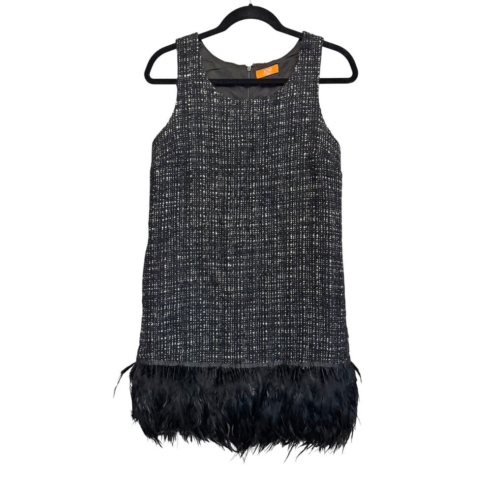 Joe Fresh Tweed Shift Mini Dress Small Black White Feather Hem Party Cocktail